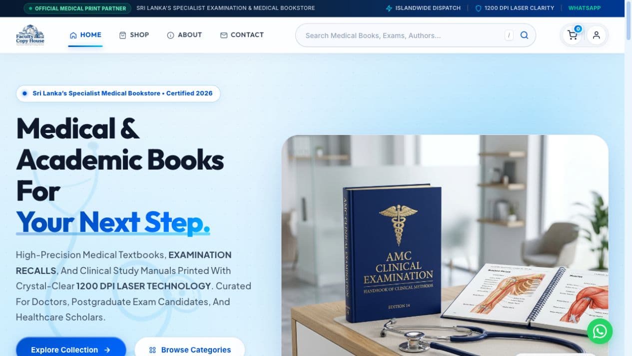 Faculty Copy House homepage with its medical and academic bookstore headline and specialist textbook imagery