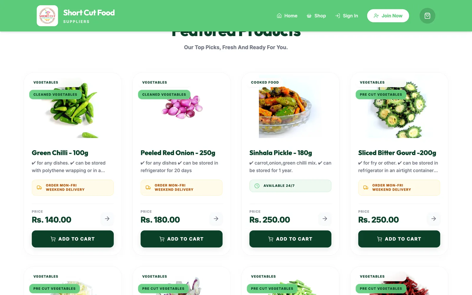 Product cards for Green Chilli, Peeled Red Onion, Sinhala Pickle and Sliced Bitter Gourd, each showing price, category and storage guidance.